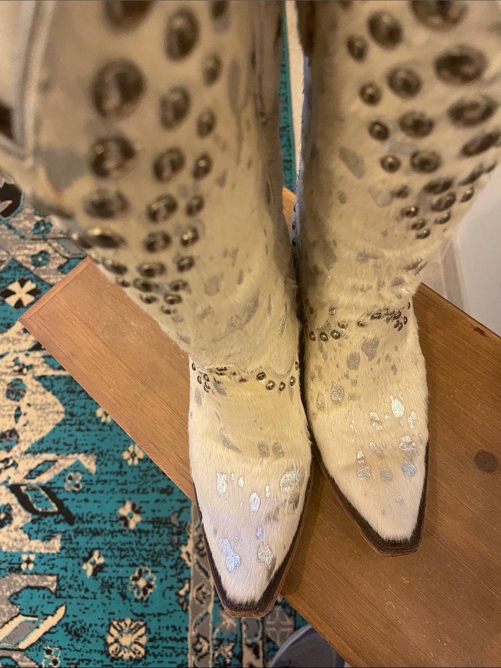 Lane Winter White Wild Hair Studded Lace-Up Cowgirl Boots - Picture 7 of 13